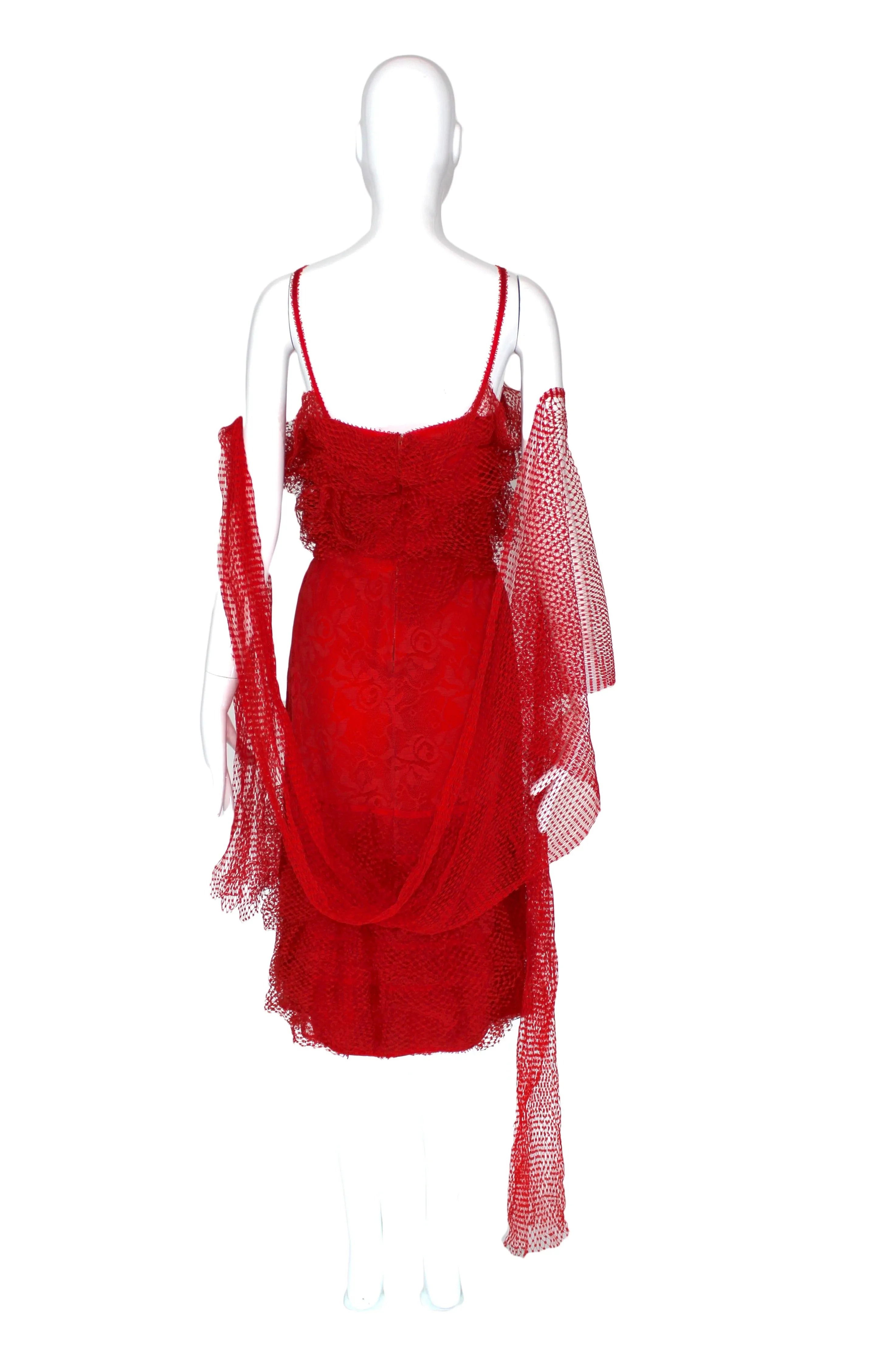 Chloé by Karl Lagerfeld Red Lace Shift Dress with Shawl, SS85, FR 40 / US 6