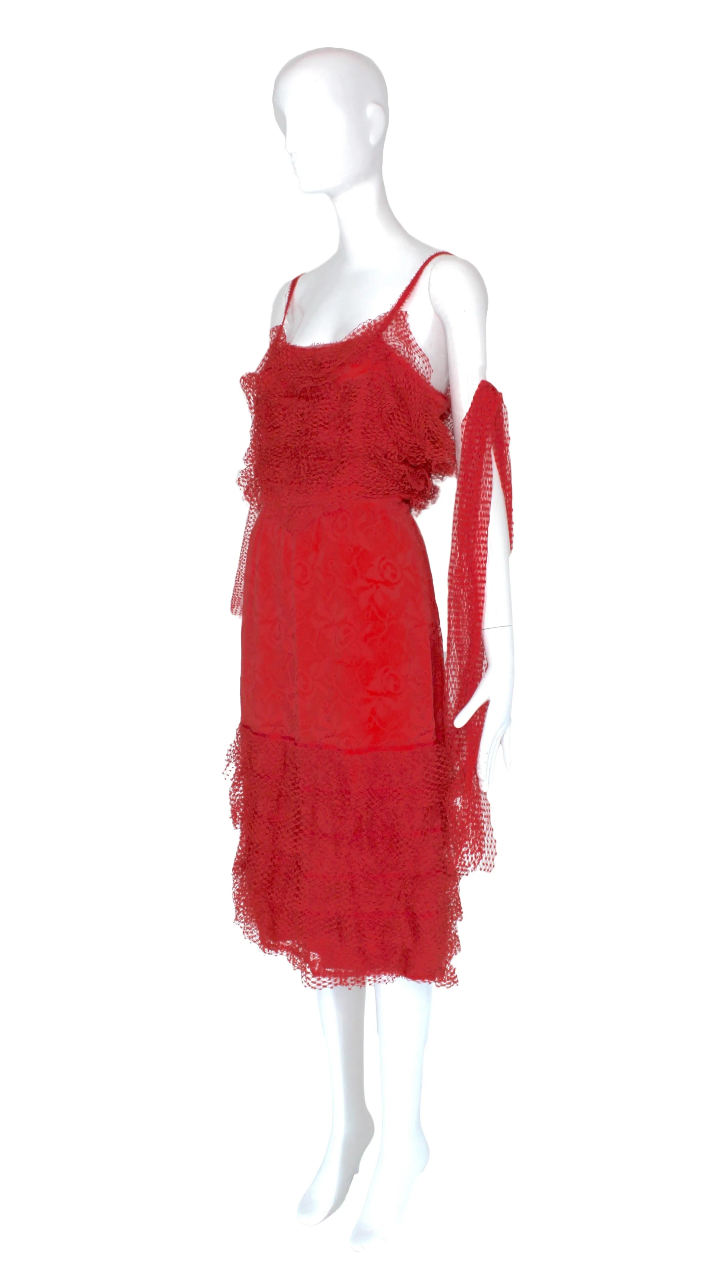 Chloé by Karl Lagerfeld Red Lace Shift Dress with Shawl, SS85, FR 40 / US 6