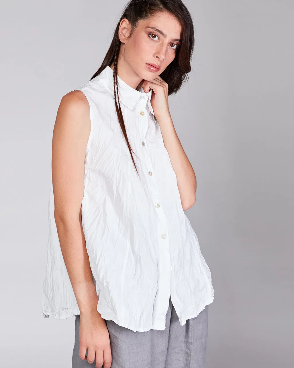 Cotton Crinkled Sleeveless Button-Up Shirt