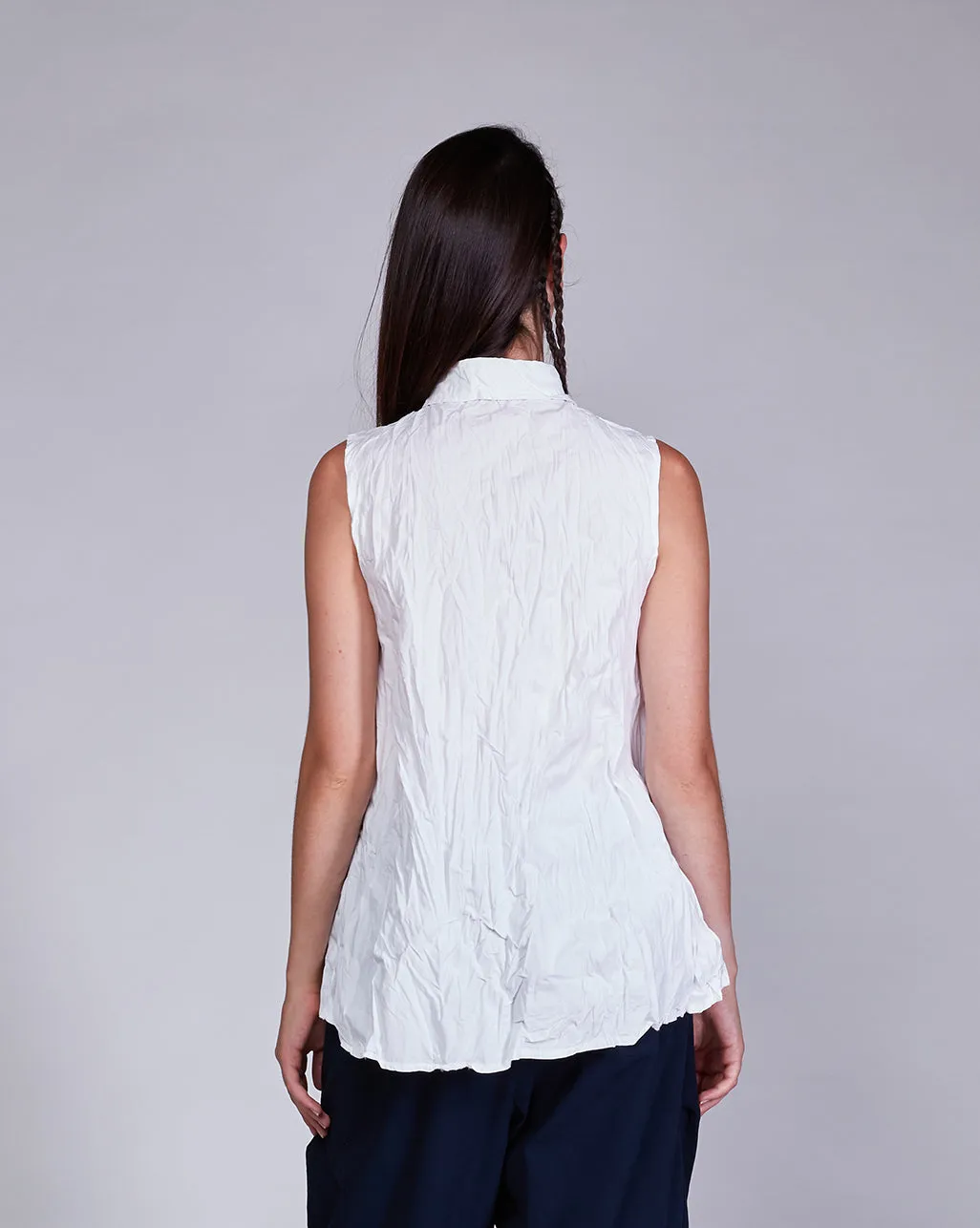 Cotton Crinkled Sleeveless Button-Up Shirt