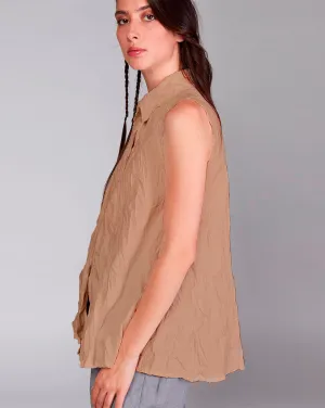 Cotton Crinkled Sleeveless Button-Up Shirt