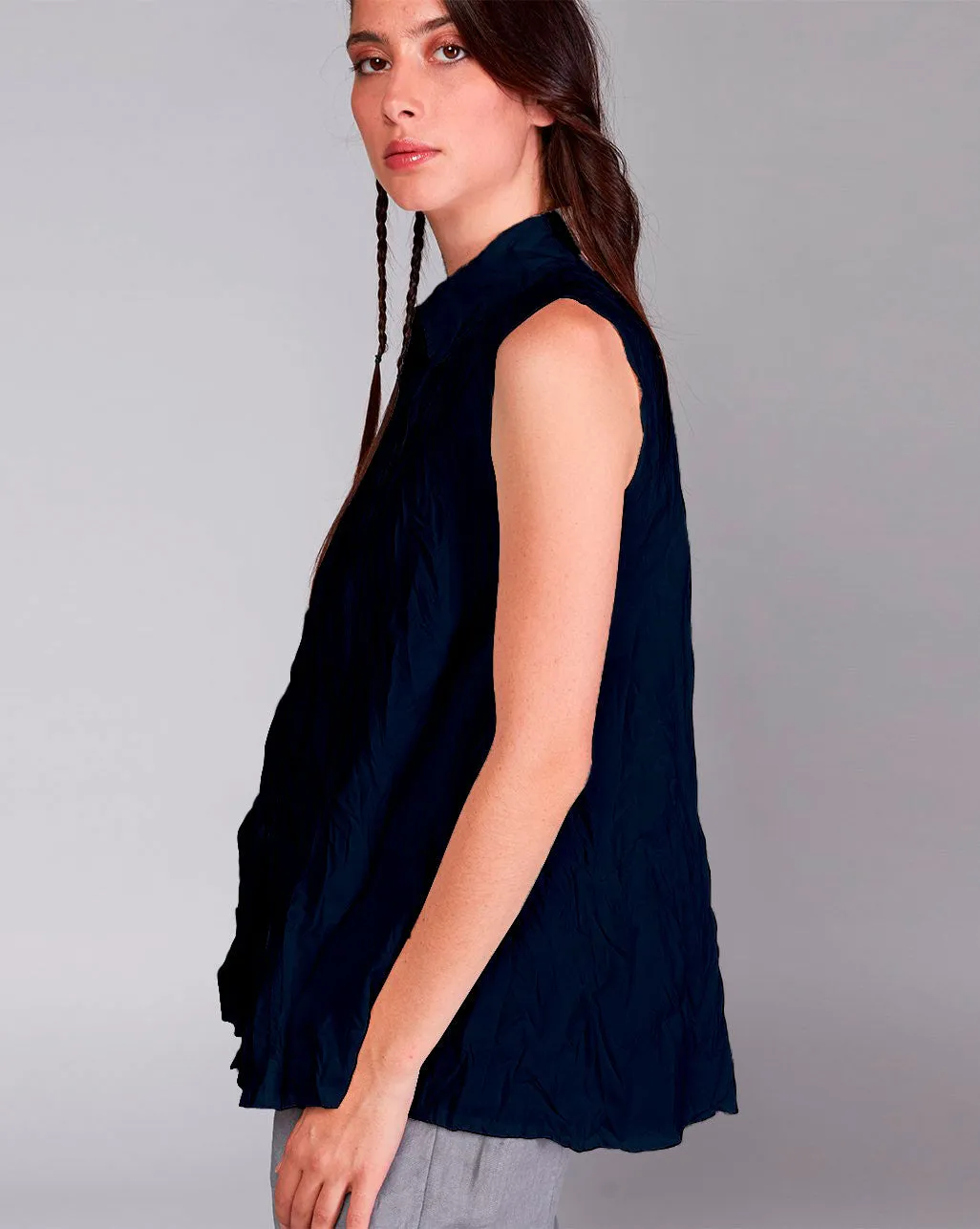 Cotton Crinkled Sleeveless Button-Up Shirt