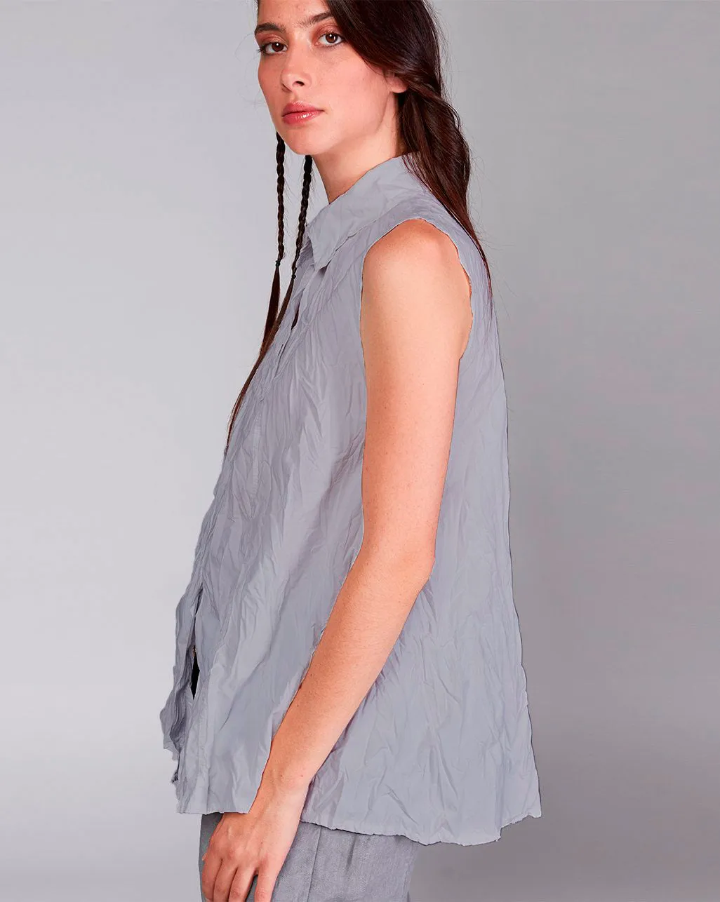 Cotton Crinkled Sleeveless Button-Up Shirt