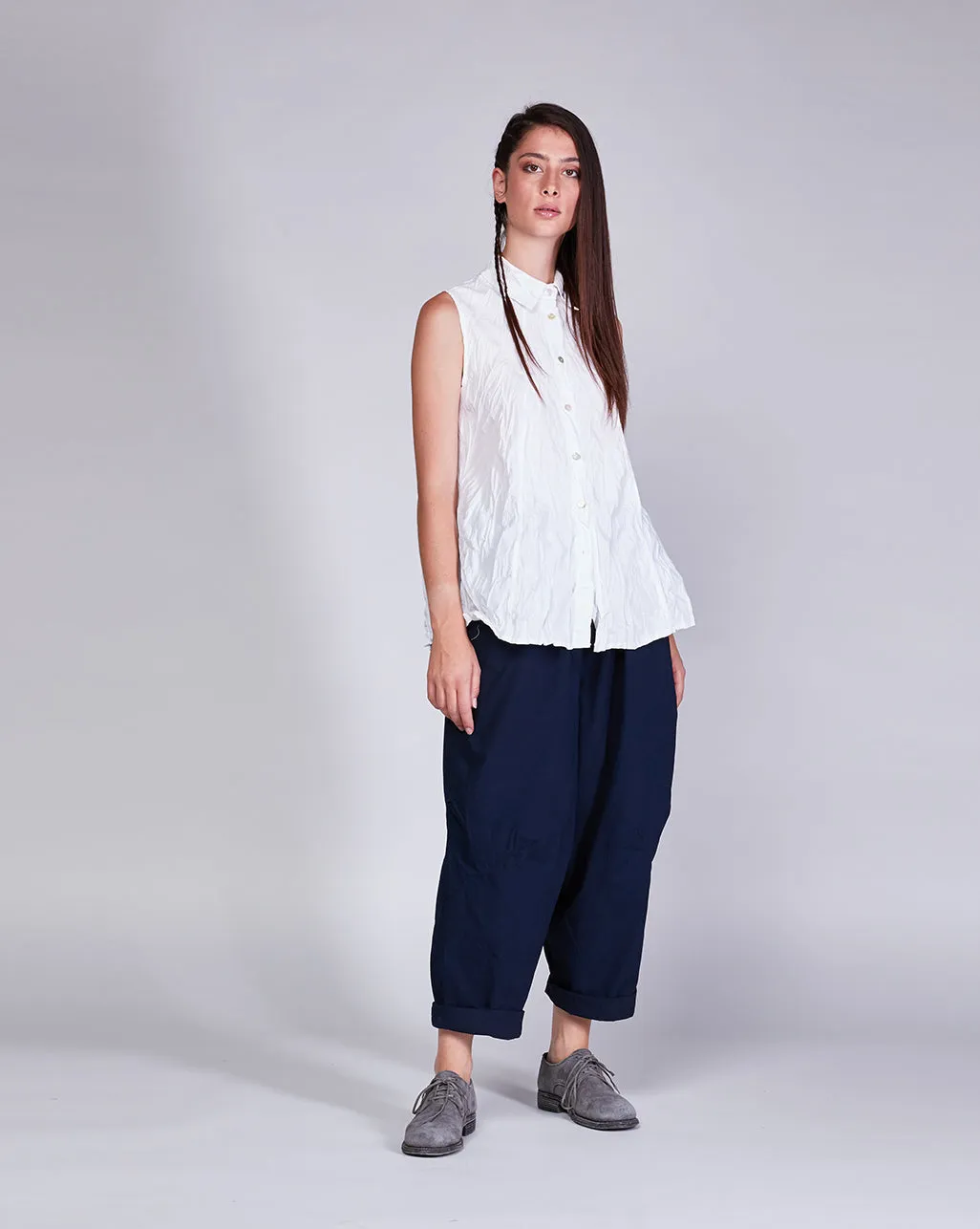 Cotton Crinkled Sleeveless Button-Up Shirt