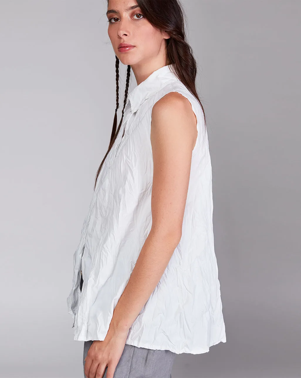 Cotton Crinkled Sleeveless Button-Up Shirt