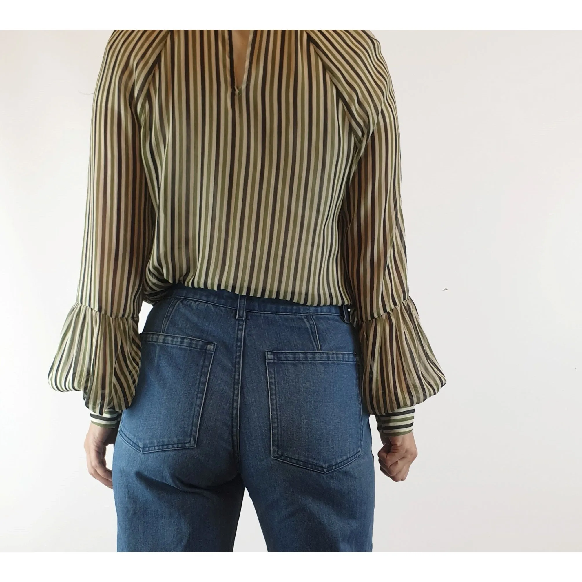 Cue semi-sheer virtical striped cream, green and black shirt size 8