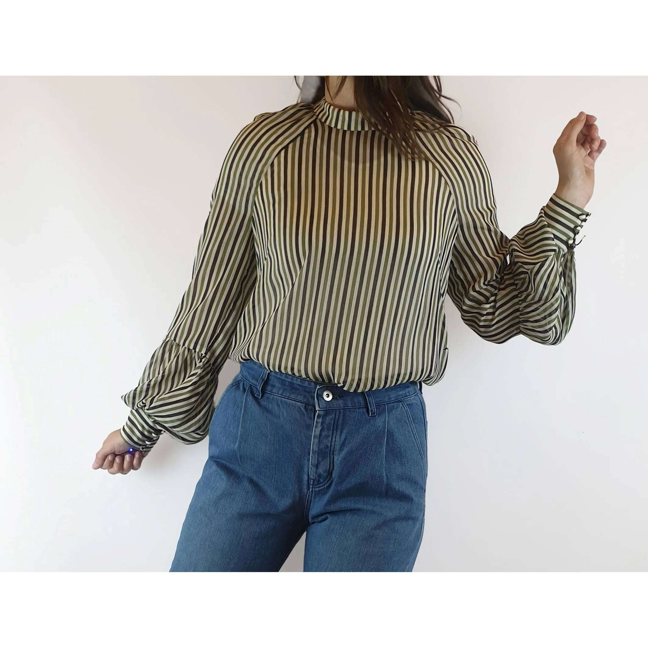 Cue semi-sheer virtical striped cream, green and black shirt size 8