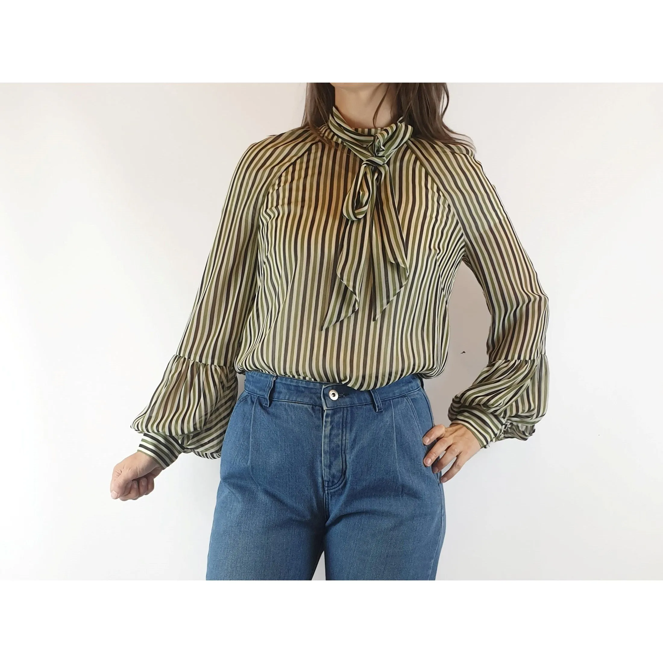 Cue semi-sheer virtical striped cream, green and black shirt size 8