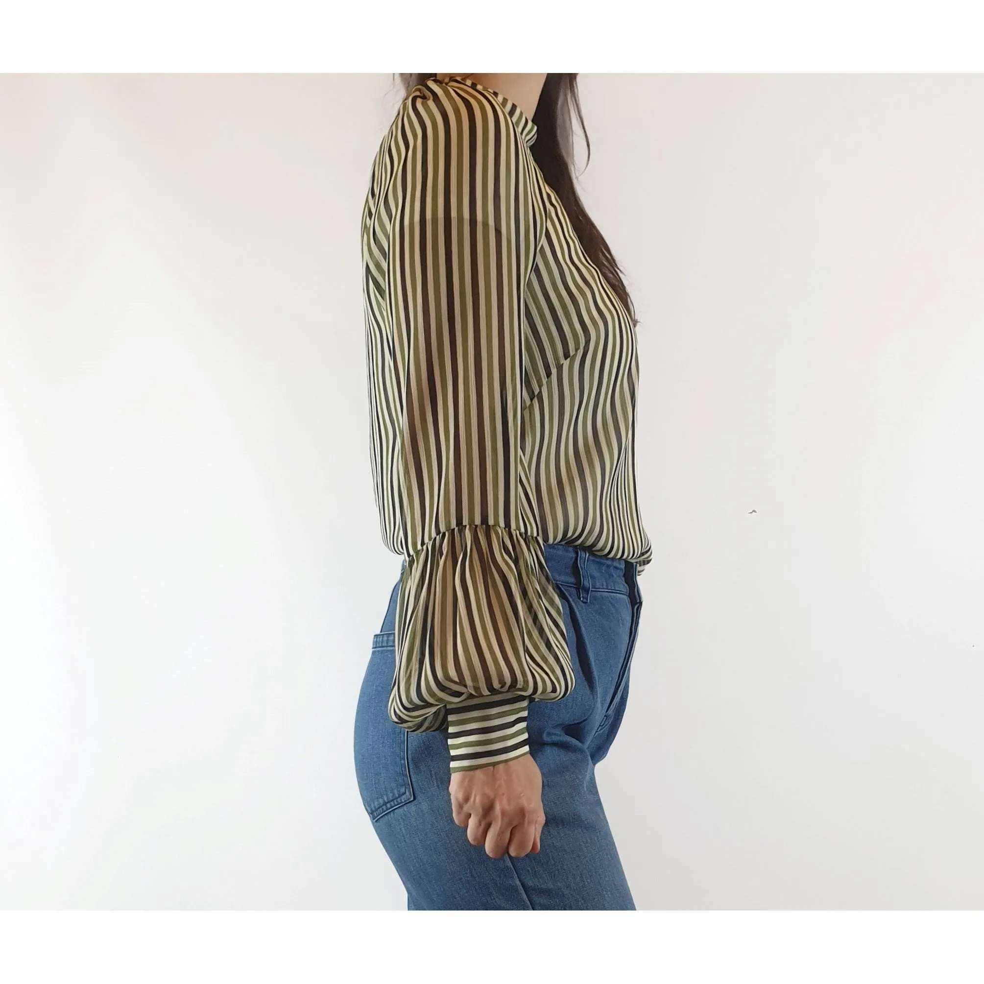 Cue semi-sheer virtical striped cream, green and black shirt size 8