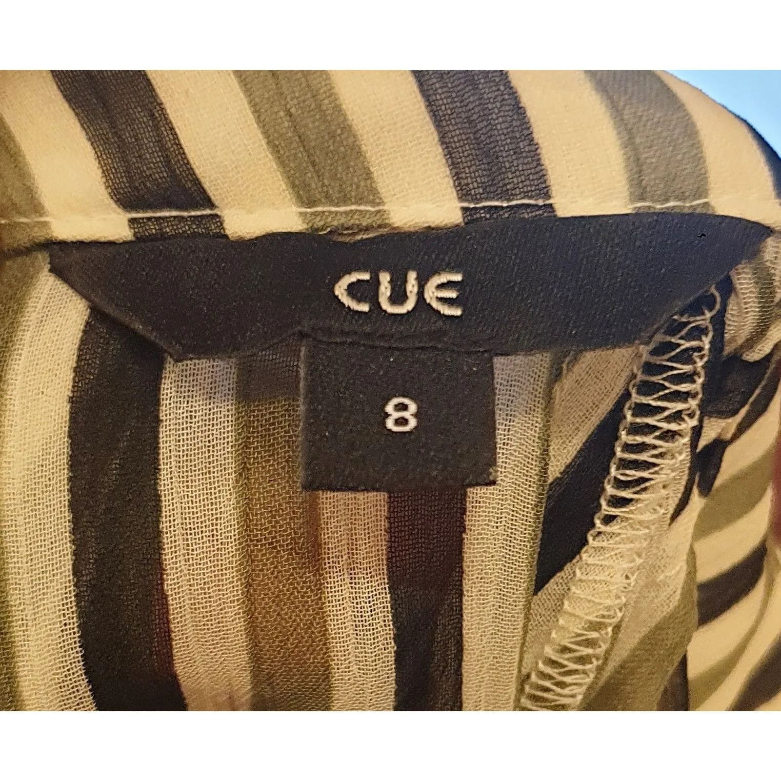 Cue semi-sheer virtical striped cream, green and black shirt size 8