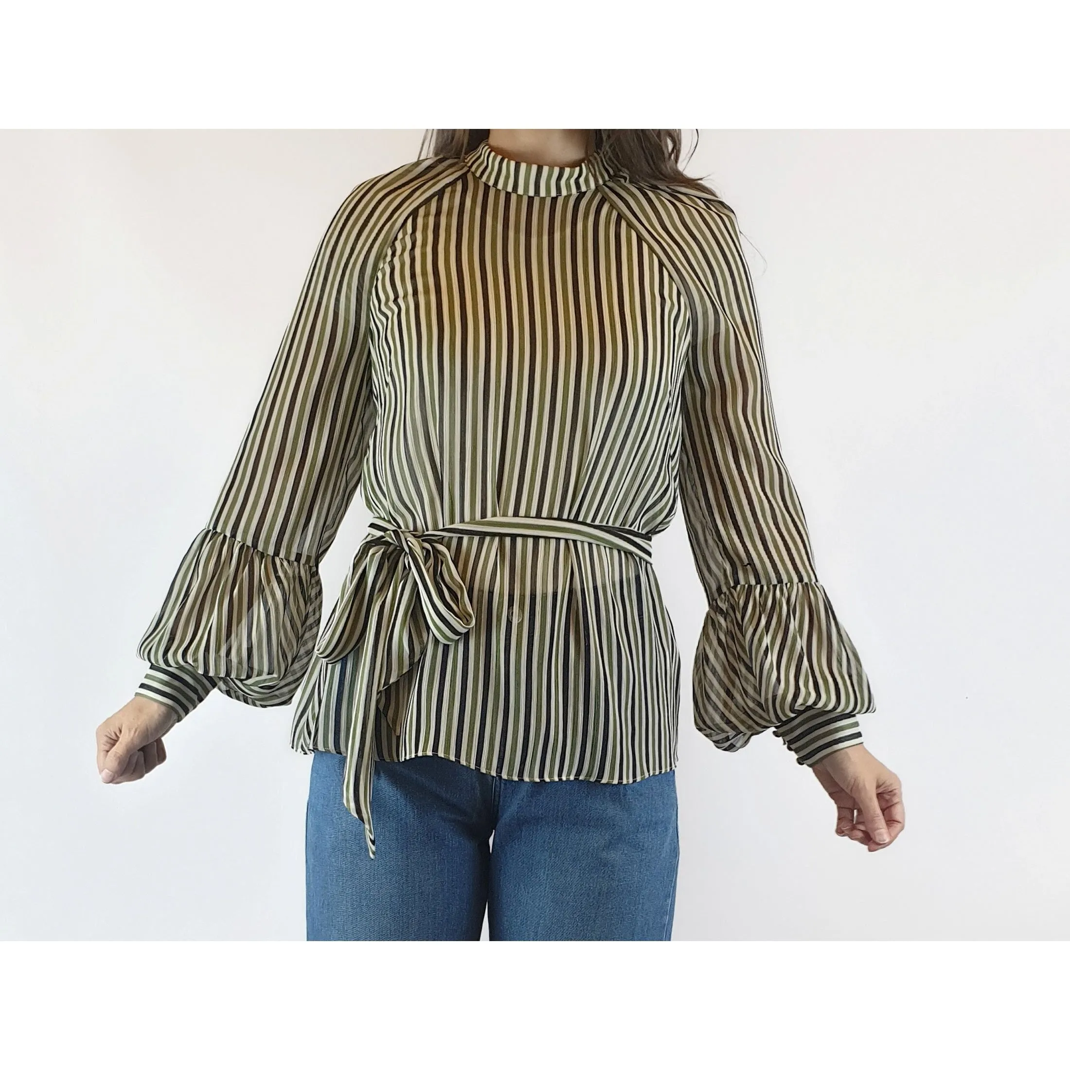 Cue semi-sheer virtical striped cream, green and black shirt size 8