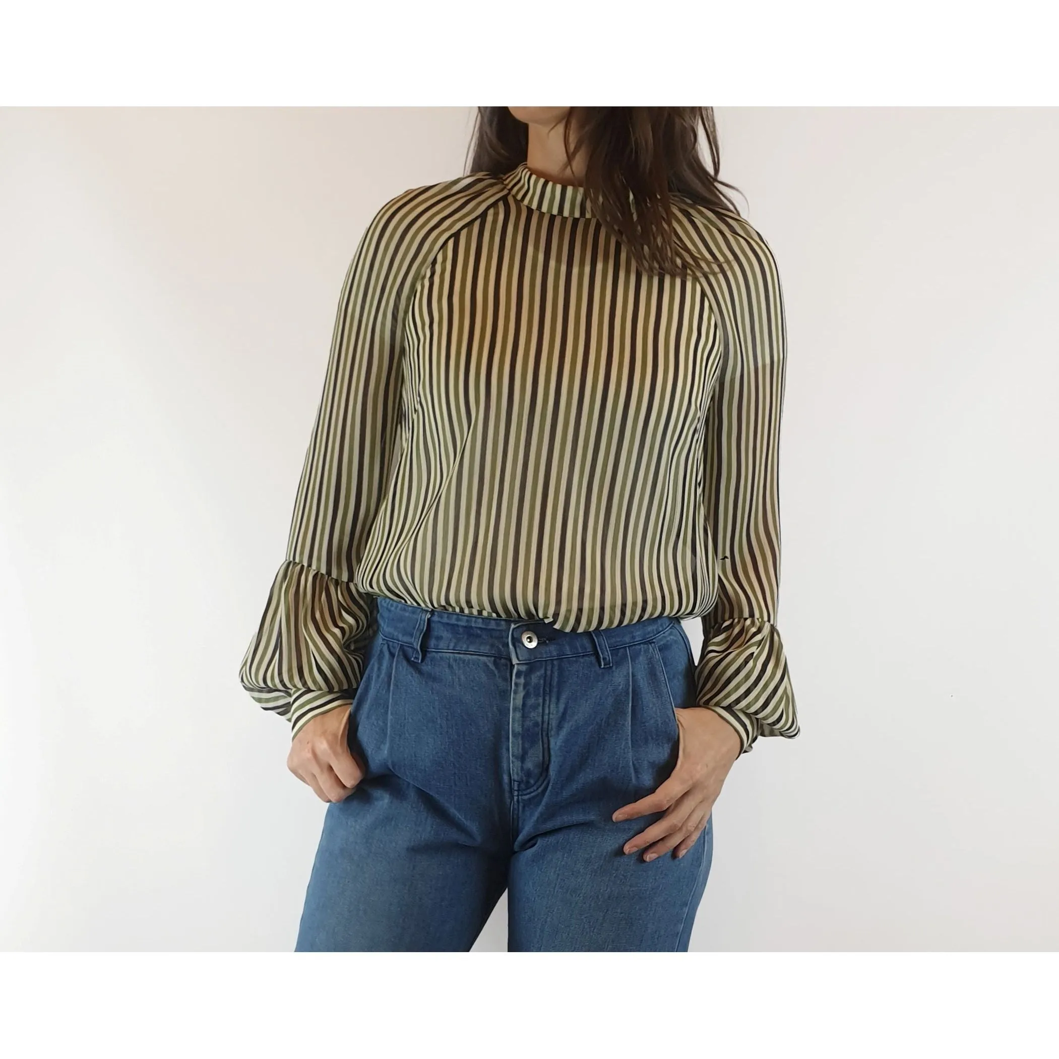 Cue semi-sheer virtical striped cream, green and black shirt size 8