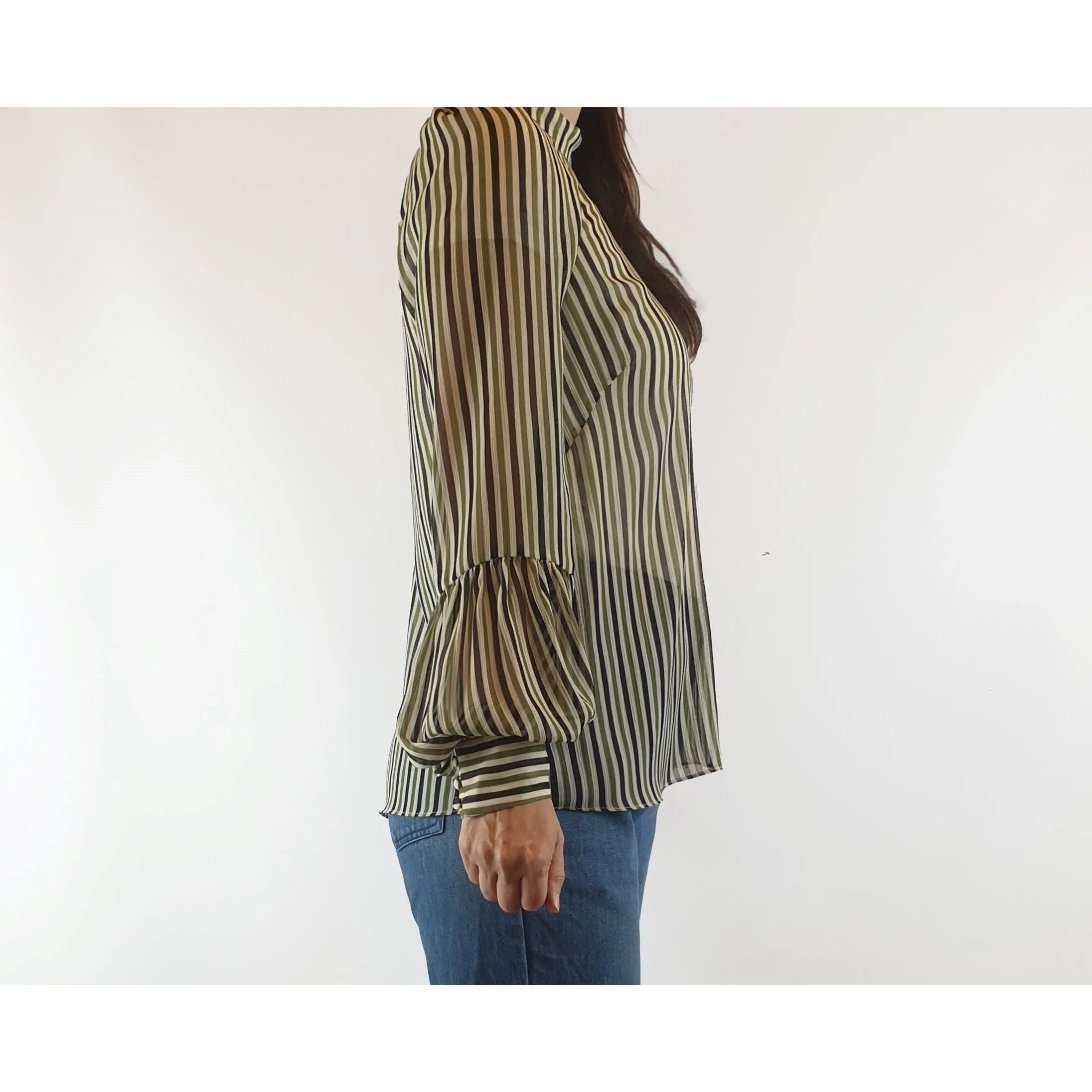 Cue semi-sheer virtical striped cream, green and black shirt size 8