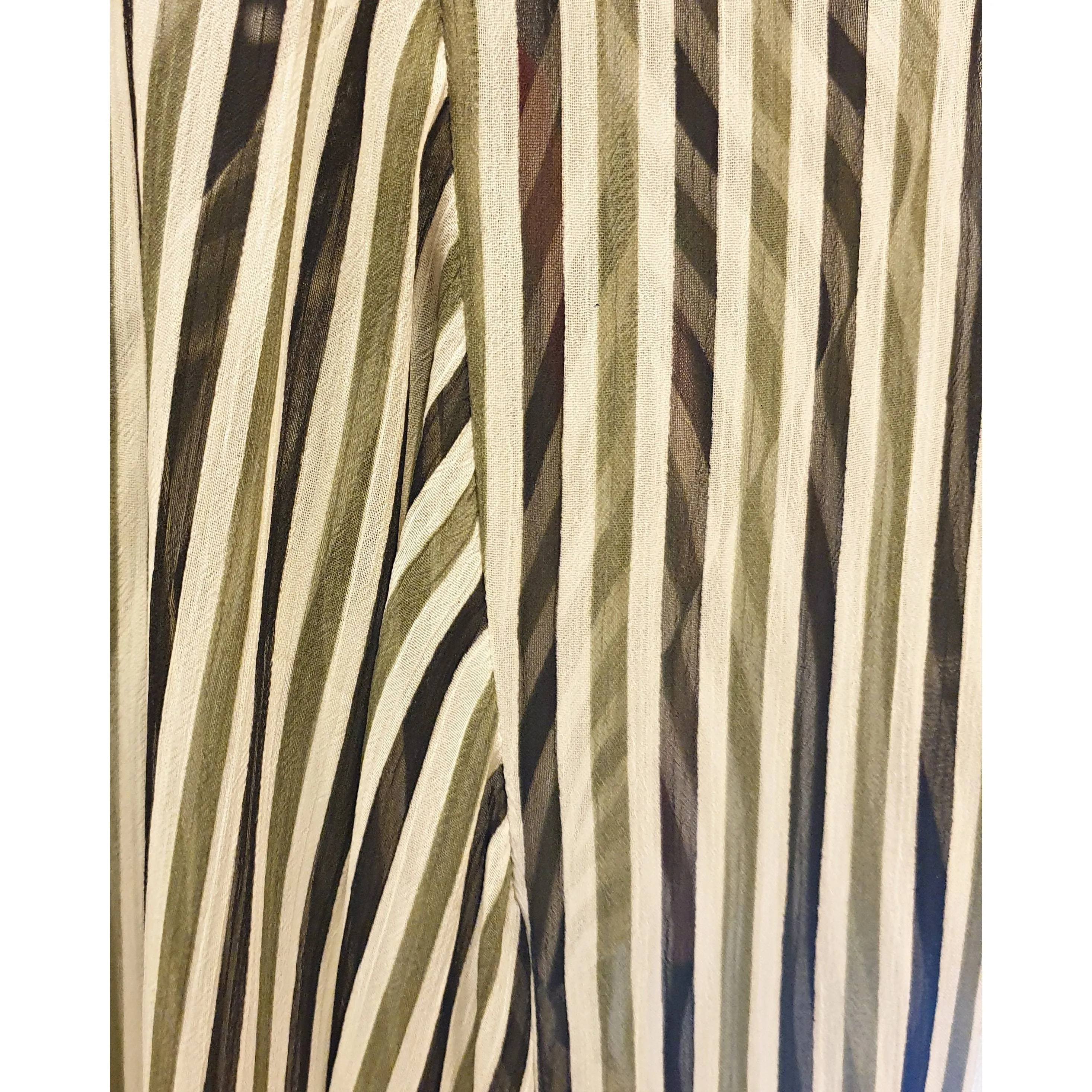 Cue semi-sheer virtical striped cream, green and black shirt size 8
