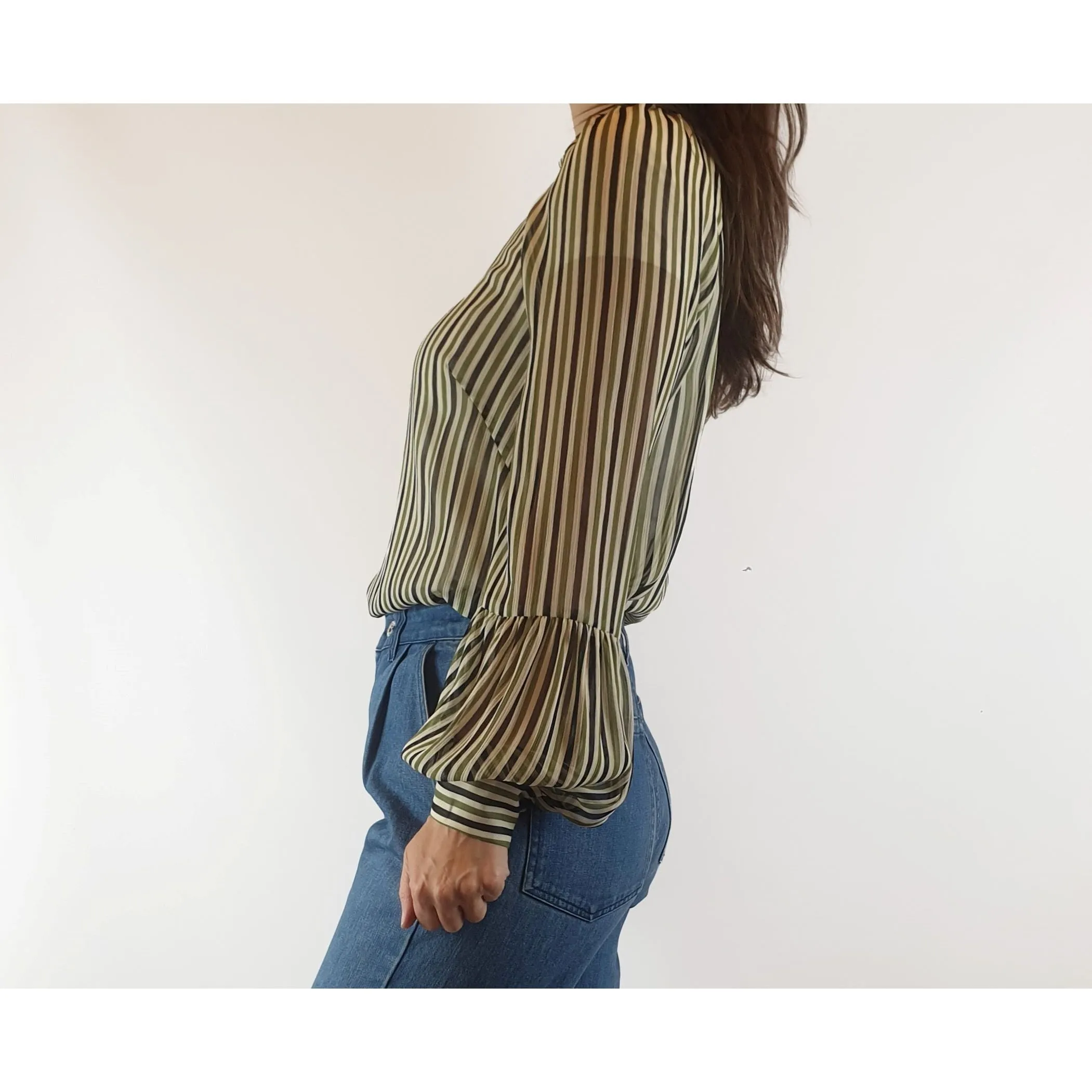 Cue semi-sheer virtical striped cream, green and black shirt size 8