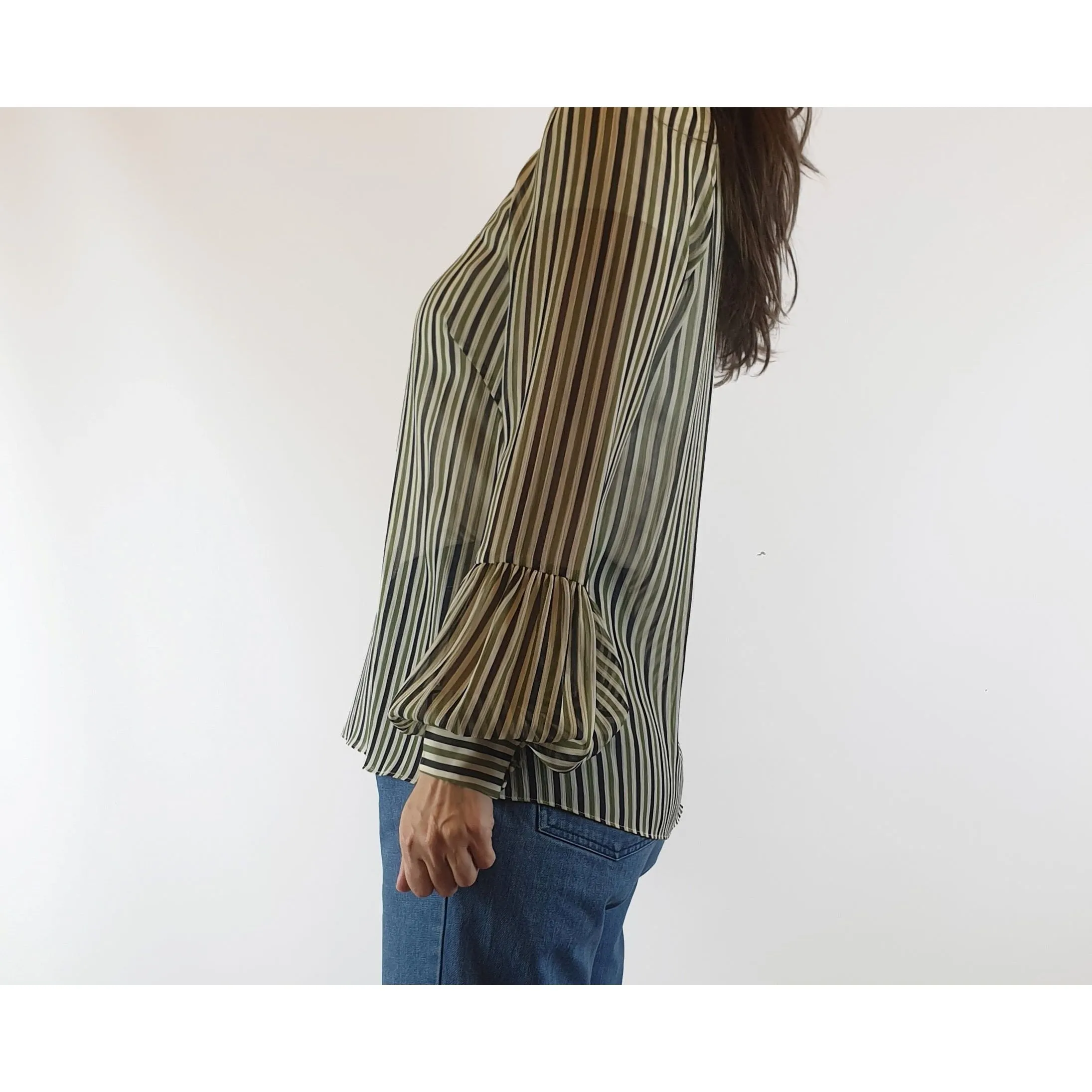 Cue semi-sheer virtical striped cream, green and black shirt size 8