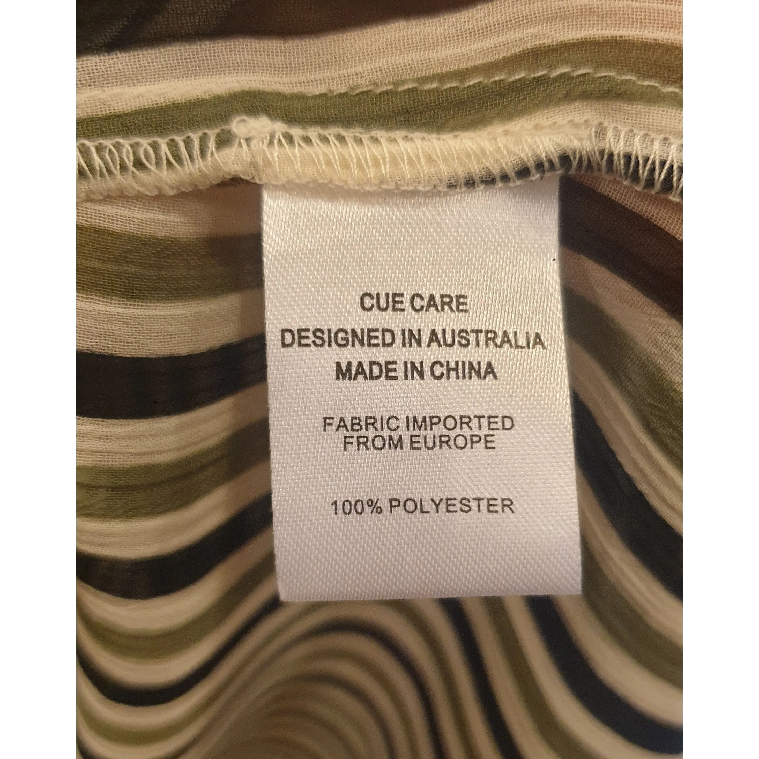 Cue semi-sheer virtical striped cream, green and black shirt size 8