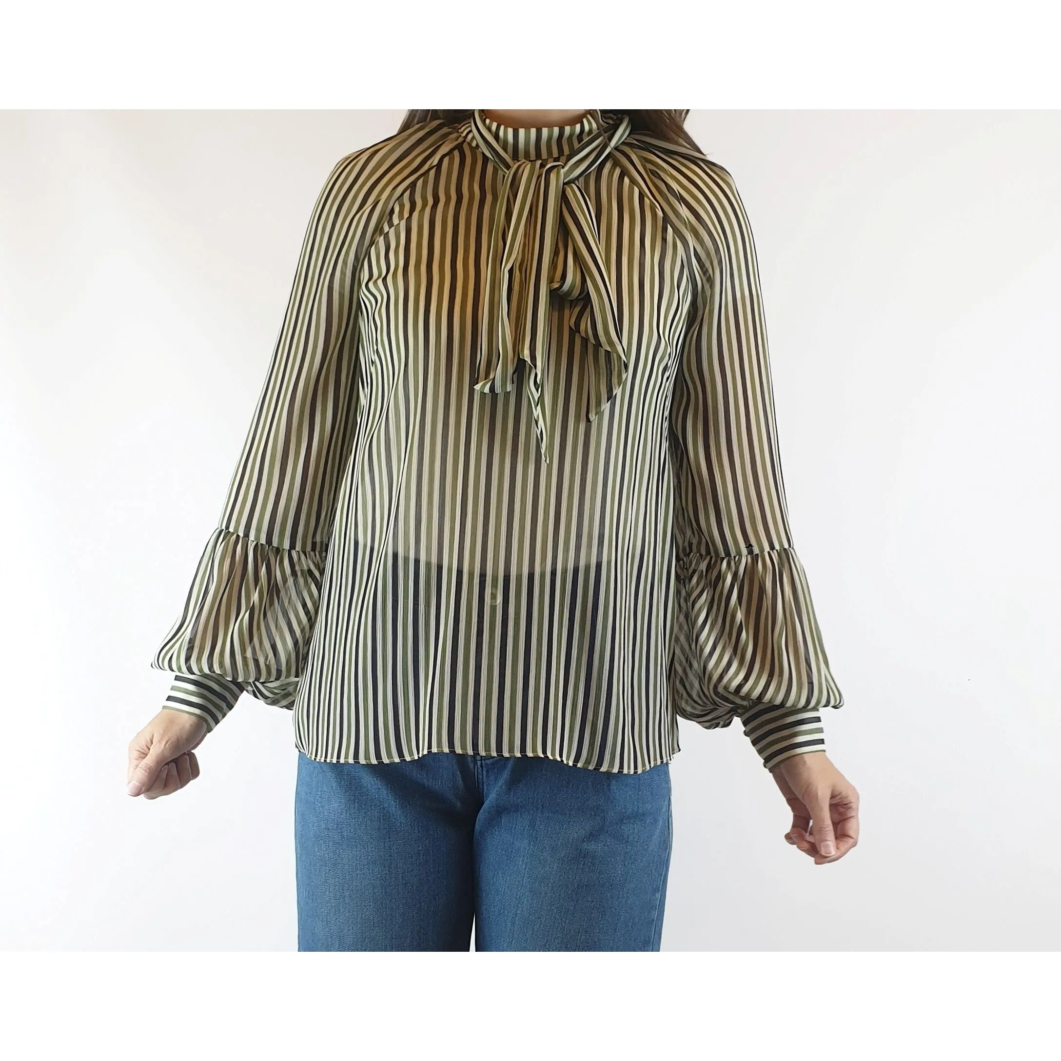 Cue semi-sheer virtical striped cream, green and black shirt size 8