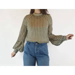 Cue semi-sheer virtical striped cream, green and black shirt size 8