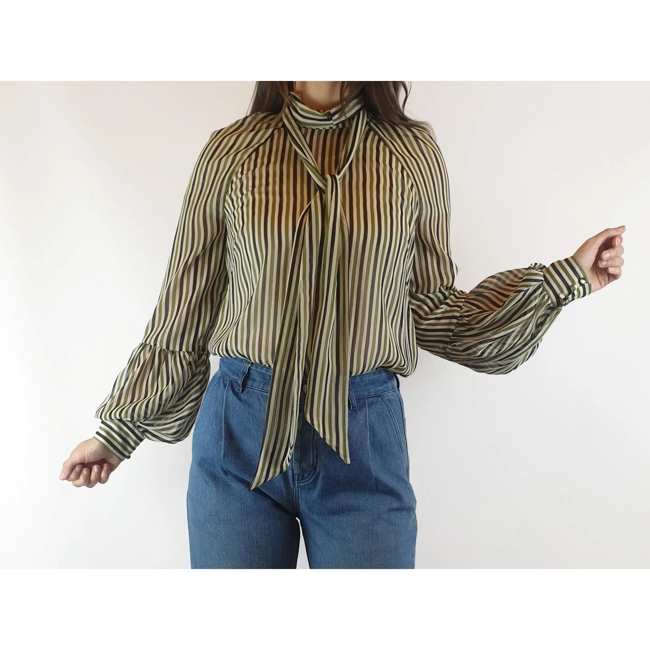 Cue semi-sheer virtical striped cream, green and black shirt size 8