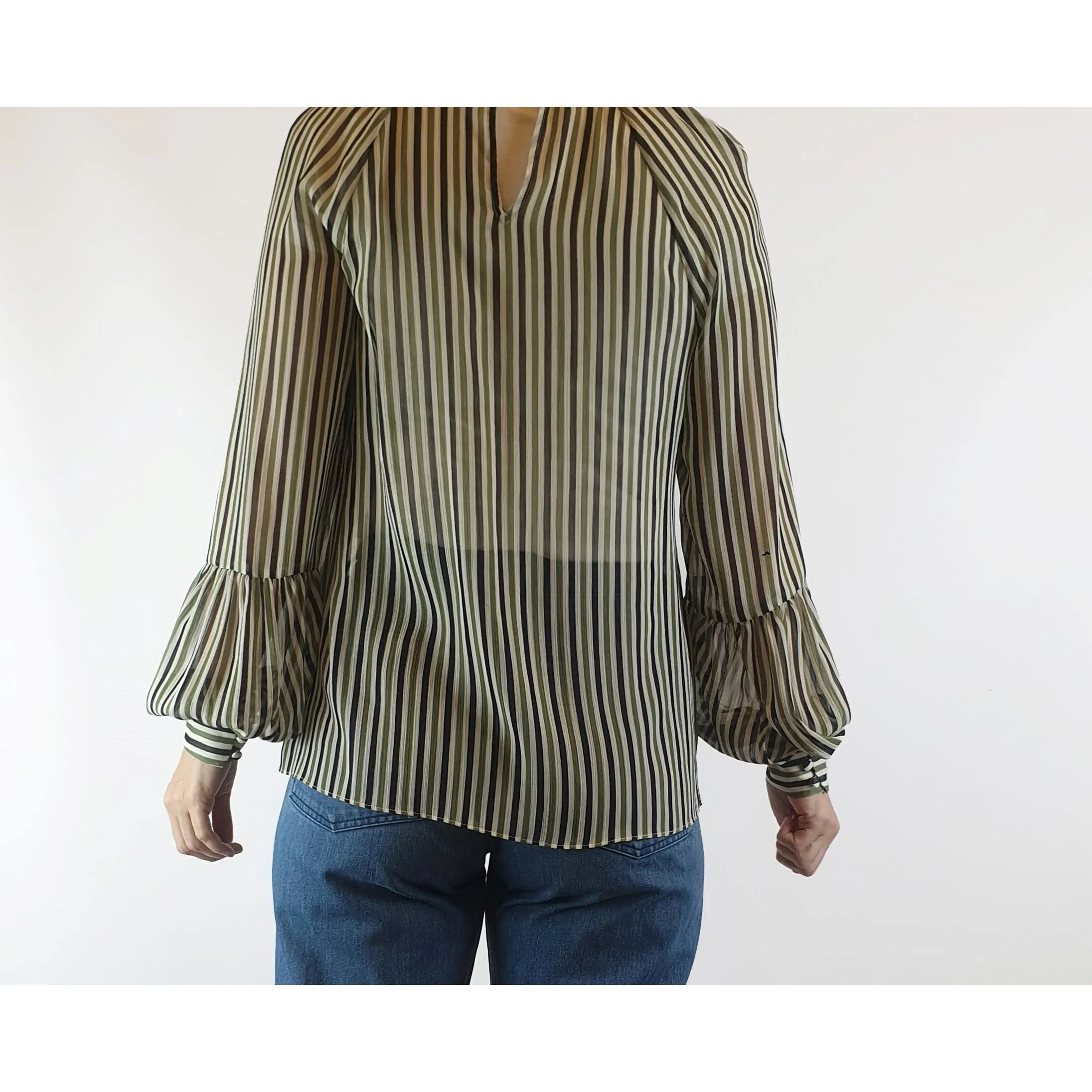 Cue semi-sheer virtical striped cream, green and black shirt size 8