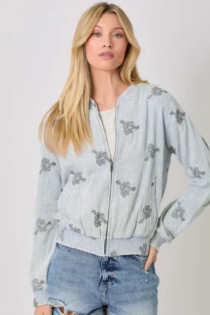 CUTE EMBROIDERY DETAIL KNIT BOMBER JACKET