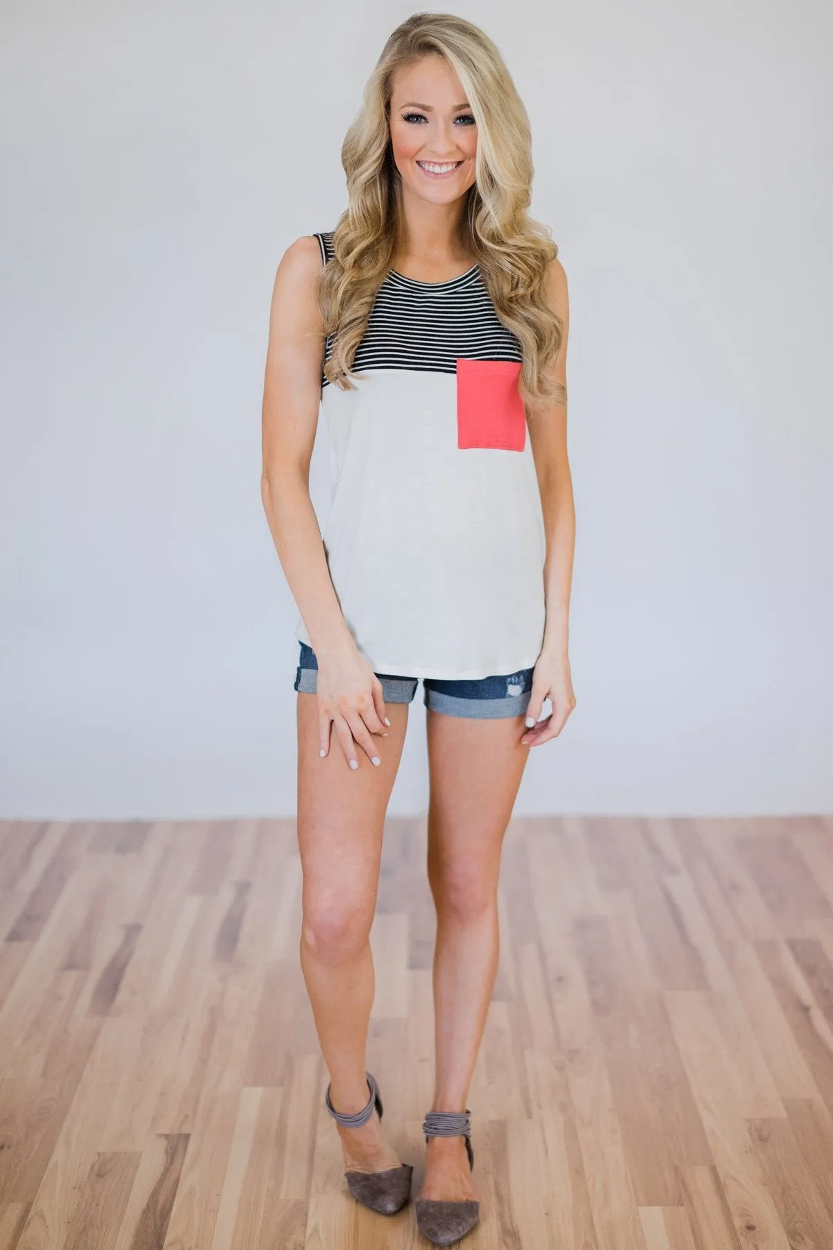 Days Go By Striped Pocket Tank Top- Coral