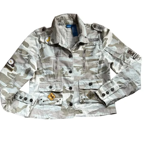 Disney Tinkerbell Camo Lightweight Patches Distressed Deconstructed Jacket Sz L
