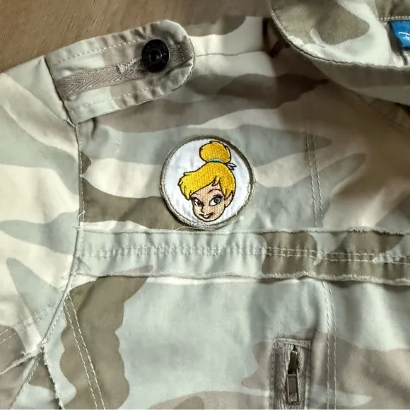 Disney Tinkerbell Camo Lightweight Patches Distressed Deconstructed Jacket Sz L
