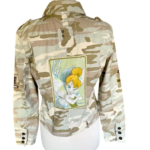 Disney Tinkerbell Camo Lightweight Patches Distressed Deconstructed Jacket Sz L