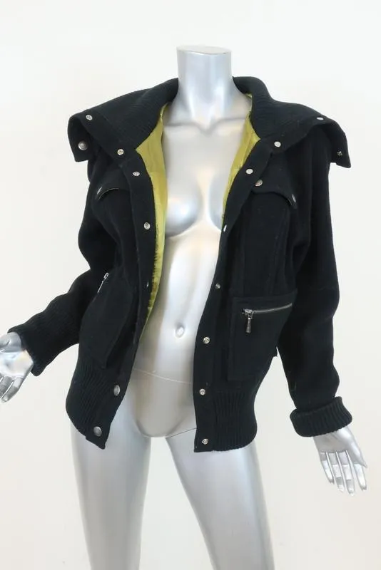DKNY Jeans Bomber Jacket Black Knit-Trim Wool Size Large