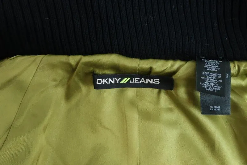 DKNY Jeans Bomber Jacket Black Knit-Trim Wool Size Large