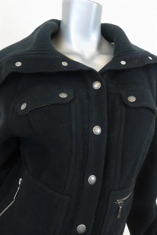 DKNY Jeans Bomber Jacket Black Knit-Trim Wool Size Large