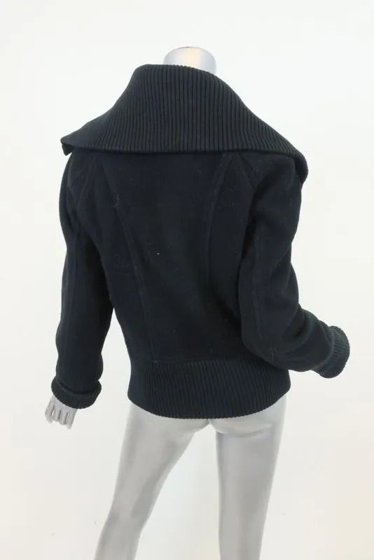 DKNY Jeans Bomber Jacket Black Knit-Trim Wool Size Large