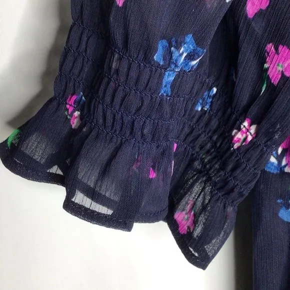DKNY Navy Floral Print Tie-Neck Shift Dress. Size 10