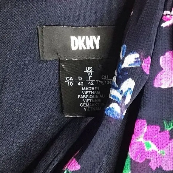 DKNY Navy Floral Print Tie-Neck Shift Dress. Size 10
