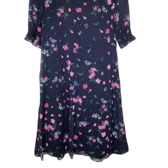 DKNY Navy Floral Print Tie-Neck Shift Dress. Size 10