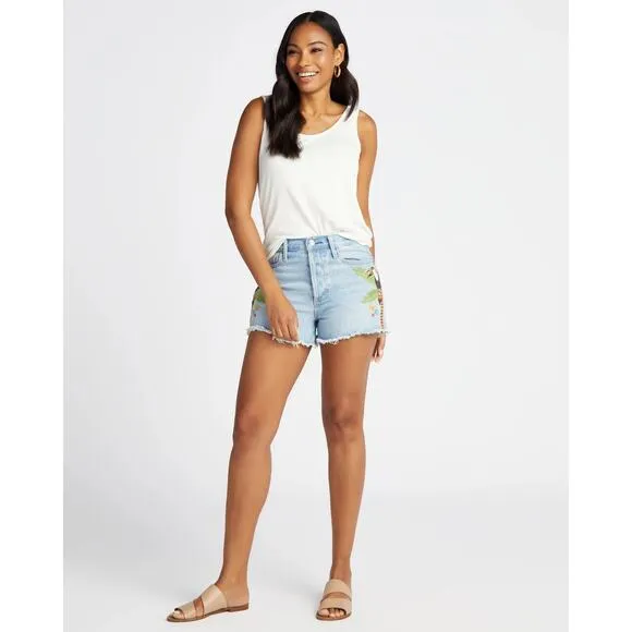 Driftwood Goldie High Rise Toucan Bird Embroidered Jean Shorts Blue Denim Sz 25