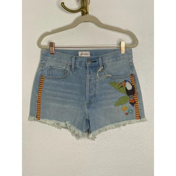 Driftwood Goldie High Rise Toucan Bird Embroidered Jean Shorts Blue Denim Sz 25