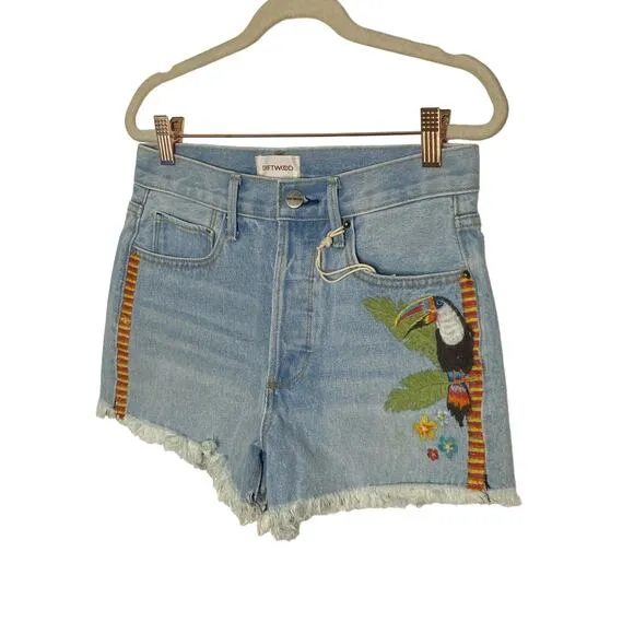 Driftwood Goldie High Rise Toucan Bird Embroidered Jean Shorts Blue Denim Sz 25