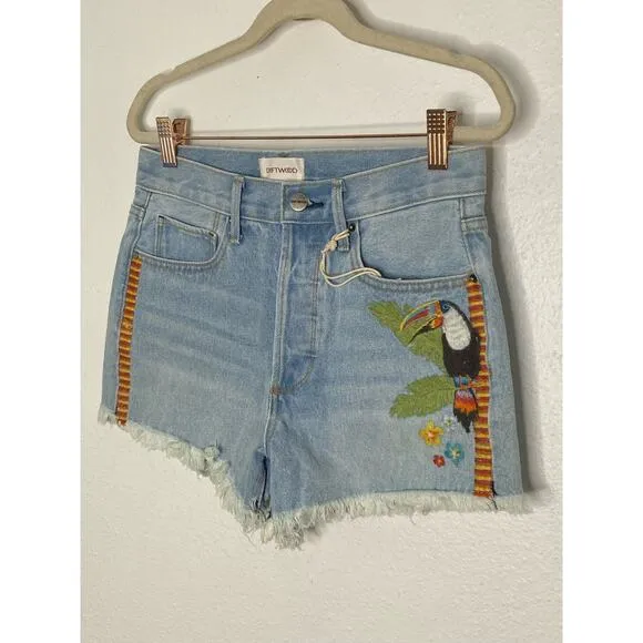 Driftwood Goldie High Rise Toucan Bird Embroidered Jean Shorts Blue Denim Sz 25