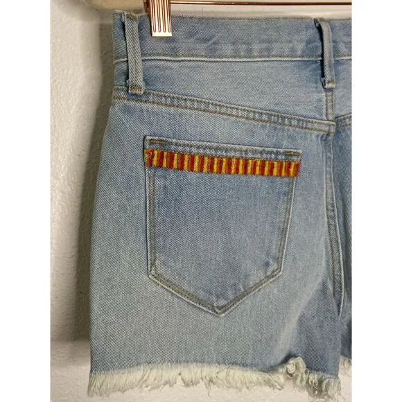 Driftwood Goldie High Rise Toucan Bird Embroidered Jean Shorts Blue Denim Sz 25