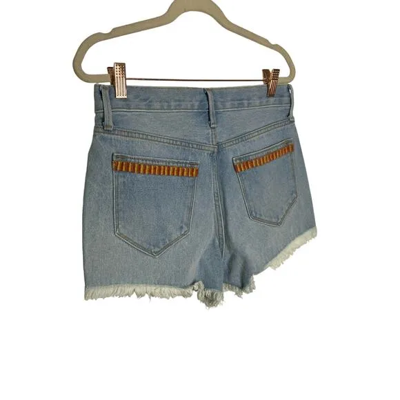 Driftwood Goldie High Rise Toucan Bird Embroidered Jean Shorts Blue Denim Sz 25