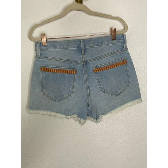 Driftwood Goldie High Rise Toucan Bird Embroidered Jean Shorts Blue Denim Sz 25