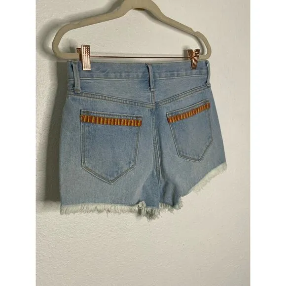Driftwood Goldie High Rise Toucan Bird Embroidered Jean Shorts Blue Denim Sz 25