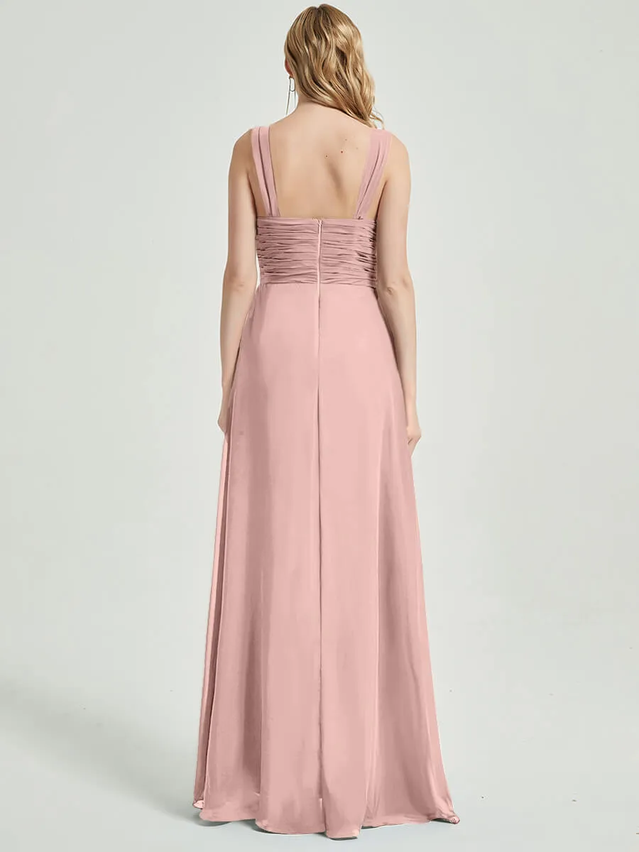 Dusty Pink Sweetheart Straps A-Line Maxi Chiffon Bridesmaid Dress