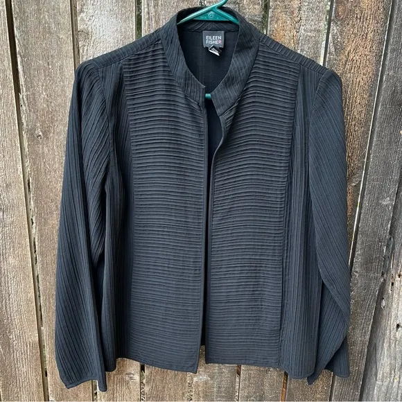 Eileen Fisher Georgette 100% Silk Pintuck Pleated Lightweight Cardigan Jacket