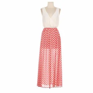 Elegant White Top Coral Zigzag Maxi dress
