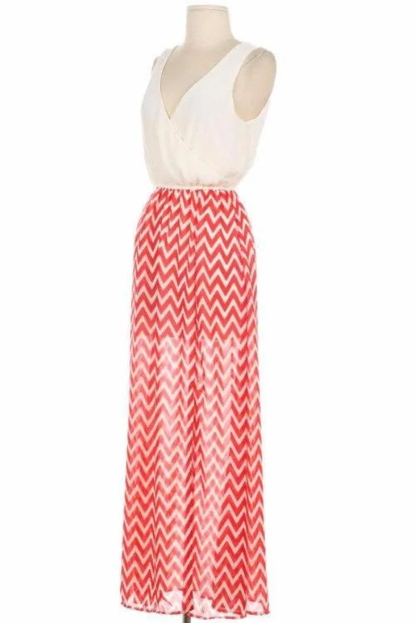 Elegant White Top Coral Zigzag Maxi dress
