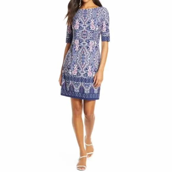 Eliza J Printed Bateau Neck Shift Dress Size 8